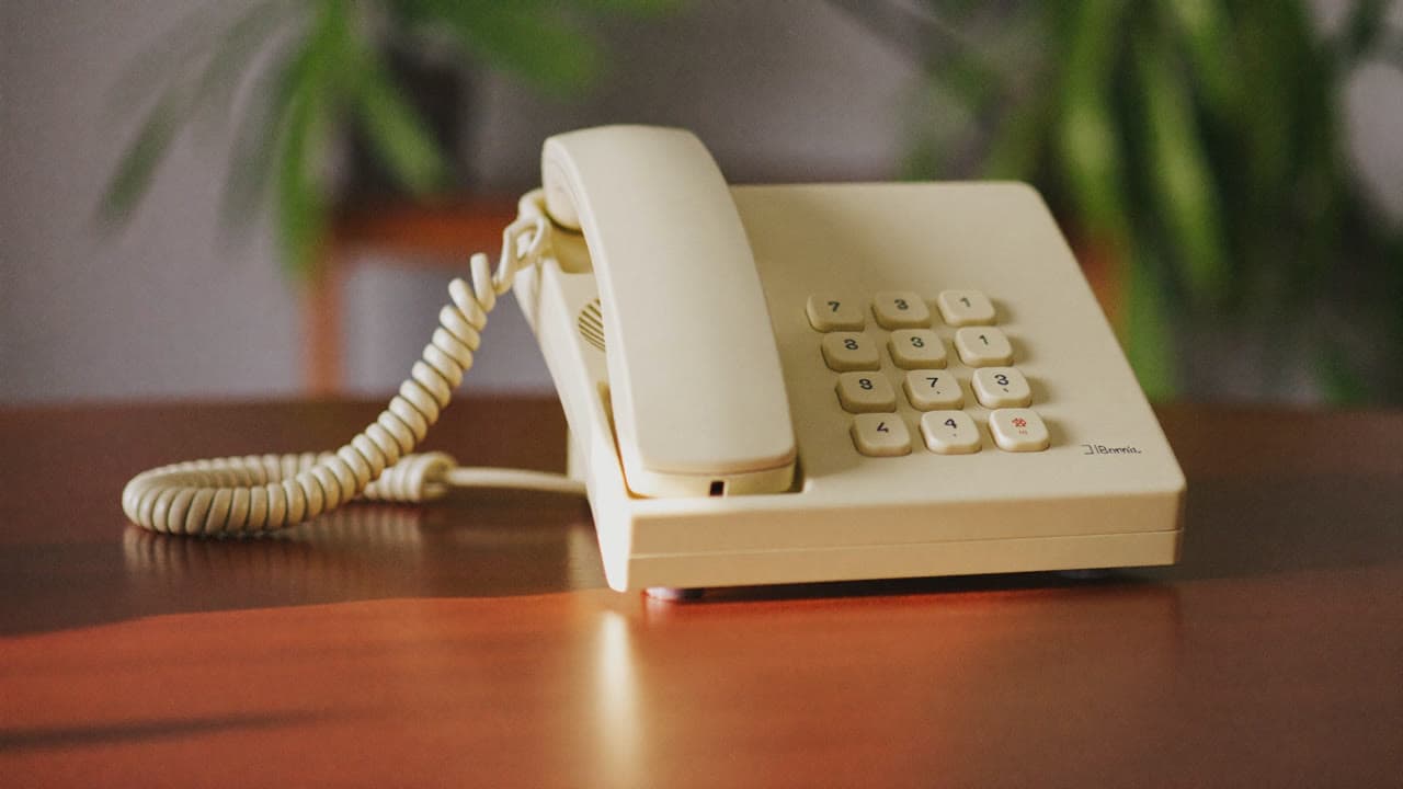 Modernes cremefarbenes Telefon auf warmem Schreibtisch