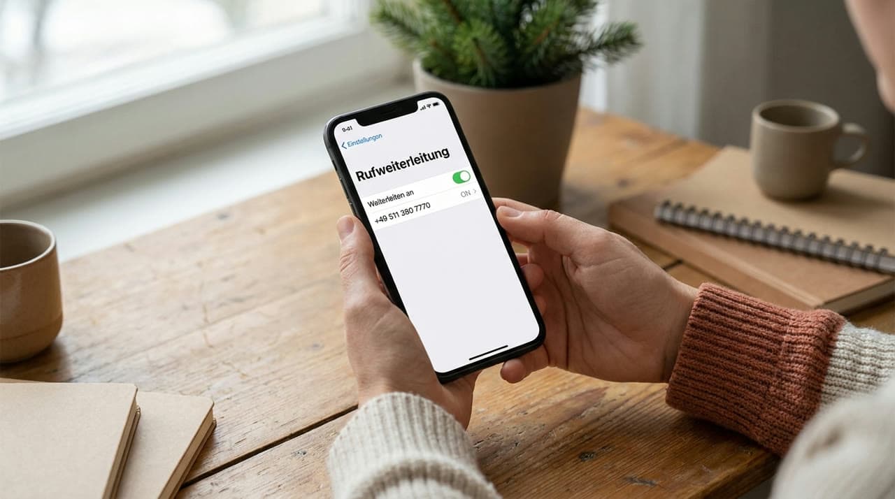 Hand richtet am Smartphone eine Rufumleitung ein, warmer Schreibtisch