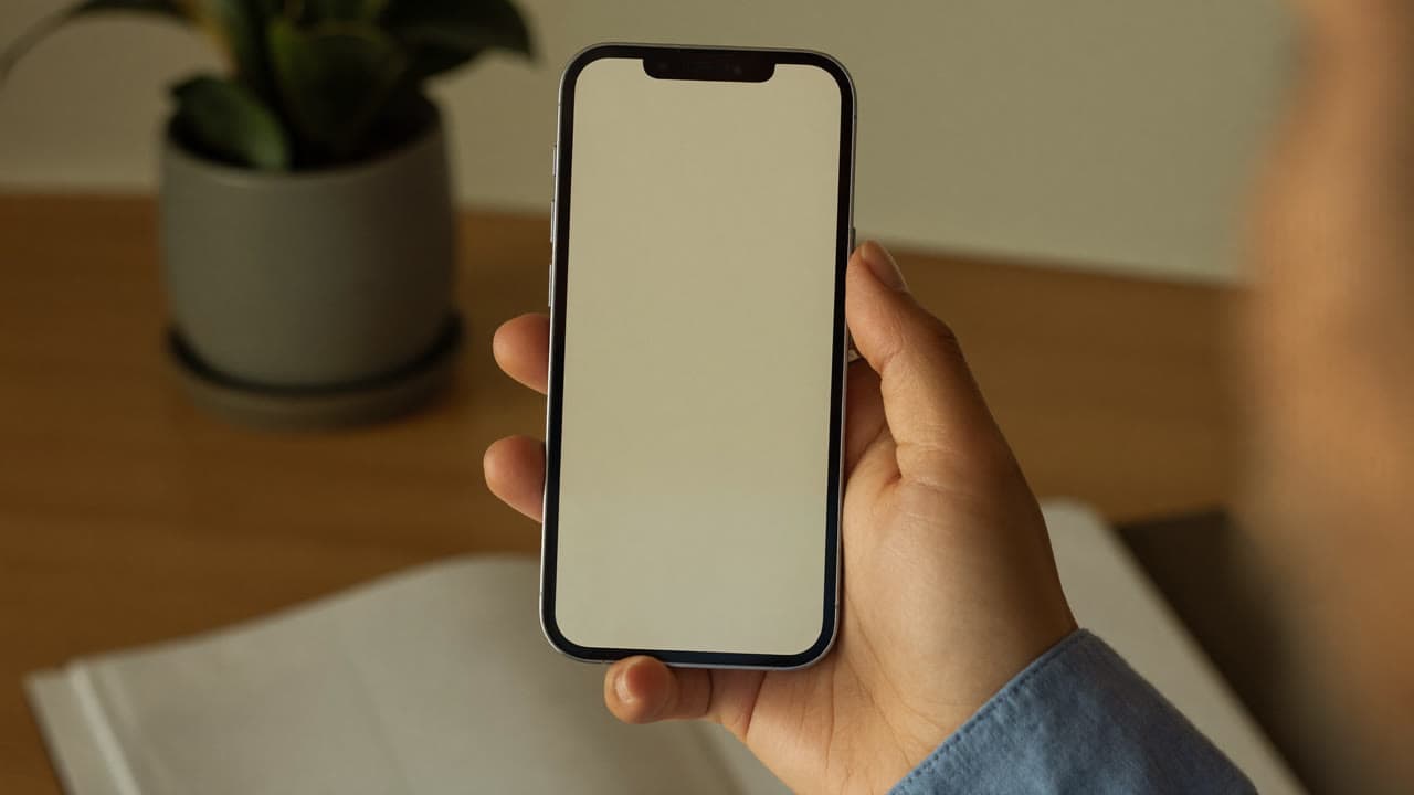 Hand hält ein Smartphone in einem warmen Homeoffice