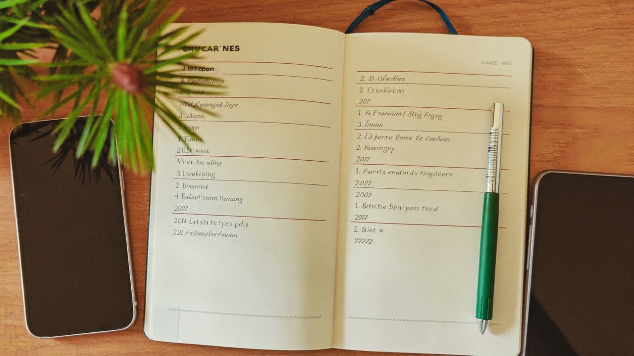Checklisten-Notizbuch neben einem Smartphone auf einem Schreibtisch